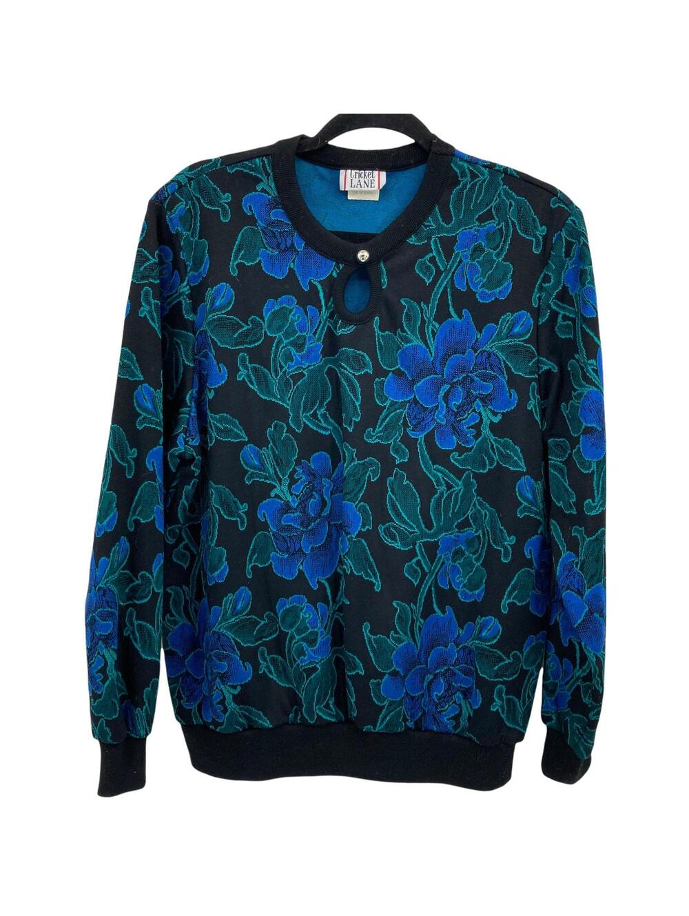 Cricket Lane VIntage Pullover Sweater Size Large Black Blue Floral Crewneck
